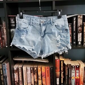 Distressed 5 Pocket Light Blue Denim Shorts
